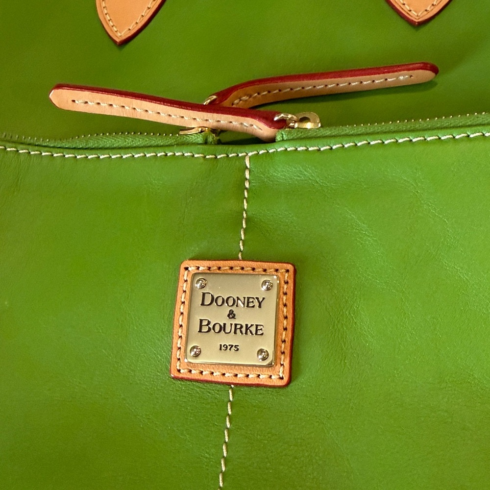 Dooney & Bourke Dillen Double Pocket Apple Green Tan Leather Satchel Bag Purse - Picture 2 of 14